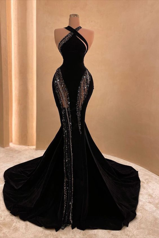 Sexy Schwarzes Meerjungfrau Langes Ballkleid mit Schleppe, Schickes Schwarzes Abendkleid Y4178