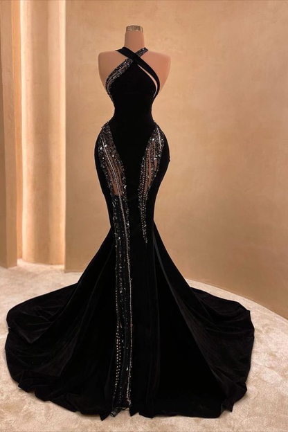 Sexy Schwarzes Meerjungfrau Langes Ballkleid mit Schleppe, Schickes Schwarzes Abendkleid Y4178