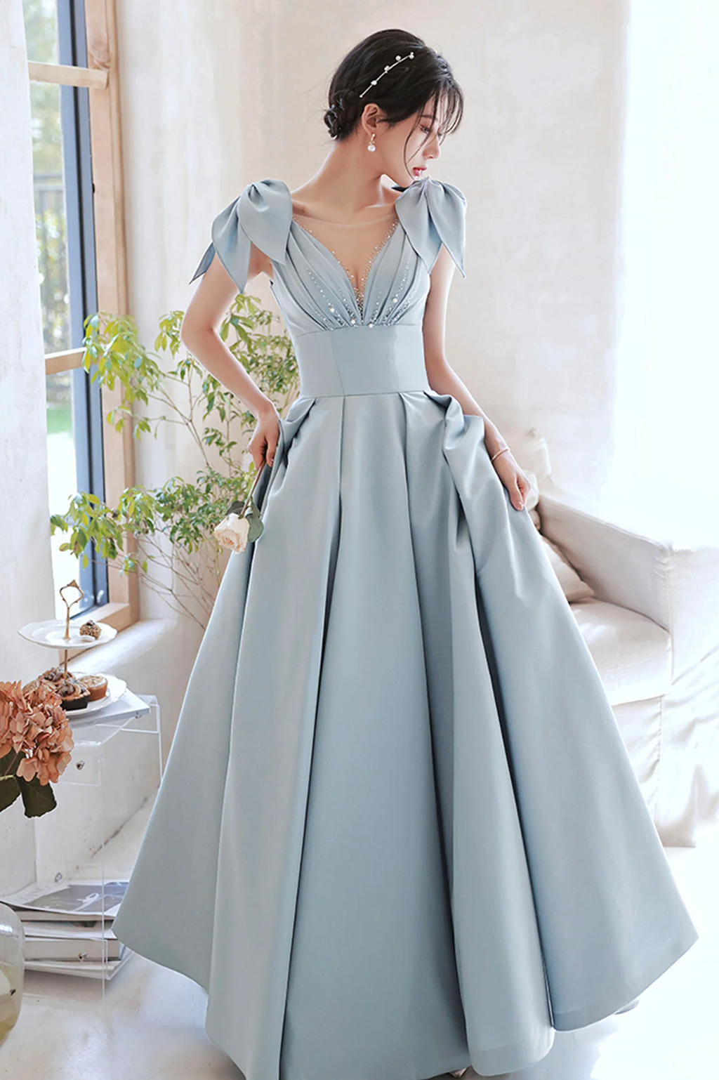 Hermoso vestido de fiesta largo de satén azul, corte A, vestido de noche azul Y4549