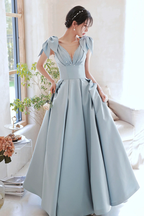 Hermoso vestido de fiesta largo de satén azul, corte A, vestido de noche azul Y4549