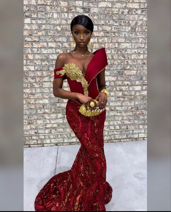 Burgunder afrikanisches Meerjungfrauen-Brautkleid, Verlobungskleid, Meerjungfrauen-Abschlussballkleid Y6520