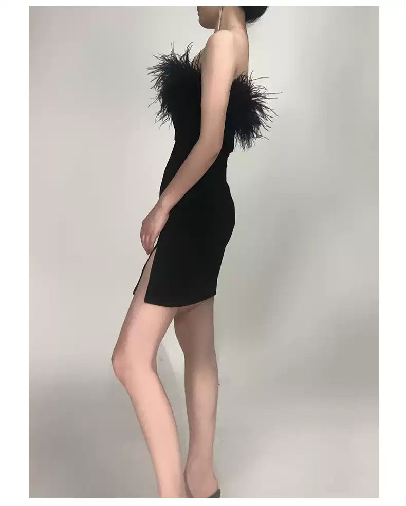Vestido de fiesta de cóctel ajustado con plumas y hombros descubiertos para mujer, vestido negro corto de bienvenida Y1356