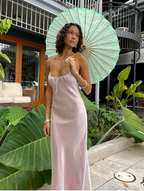 Vestido de noche largo rosa con tirantes finos y espalda descubierta, elegante, Y8293