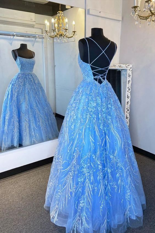 Vestido formal elegante con tirantes y apliques azules, vestido de fiesta, vestido de noche Y5890