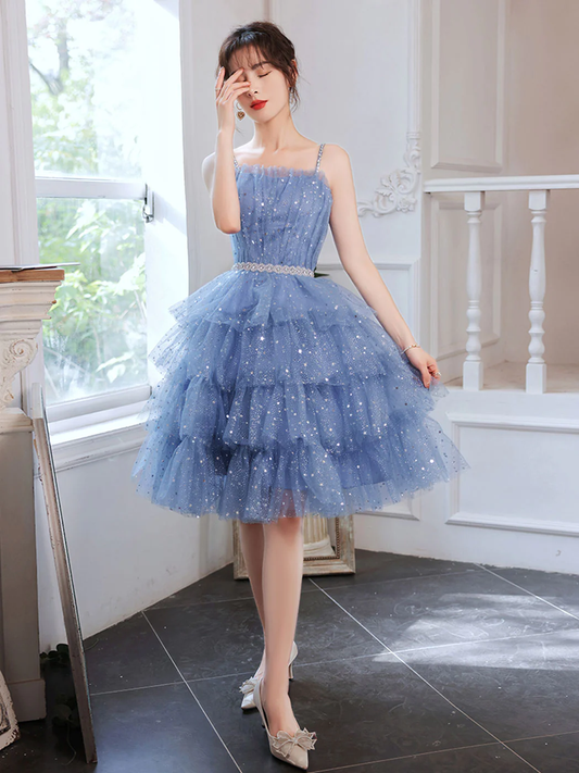 Kurzes, bauschiges, blaues Ballkleid, kurzes, bauschiges Tüll-Heimkehrkleid Y2620