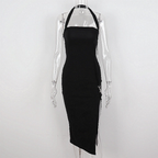 Schwarzes Neckholder-Ballkleid mit Schlitz für Damen, sexy schwarzes ärmelloses Abendkleid Y1161