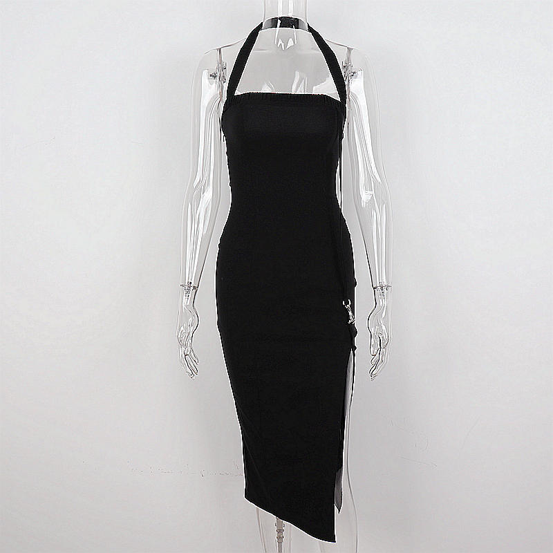 Schwarzes Neckholder-Ballkleid mit Schlitz für Damen, sexy schwarzes ärmelloses Abendkleid Y1161
