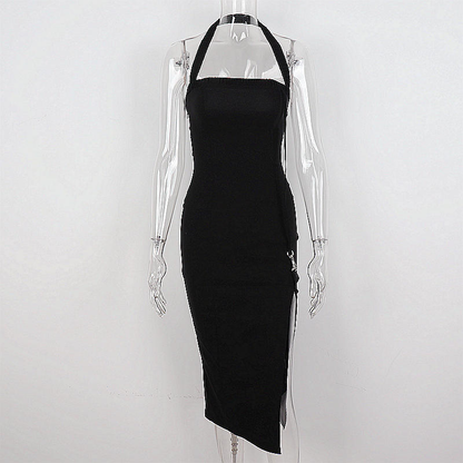 Women's Black Halter Prom Dress With Slit,Sexy Black Sleeveless Evening Dress Y1161