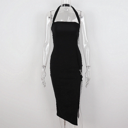 Women's Black Halter Prom Dress With Slit,Sexy Black Sleeveless Evening Dress Y1161