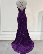 Vestido de fiesta morado oscuro con lentejuelas y corte sirena, vestido de noche formal con abertura Y7212