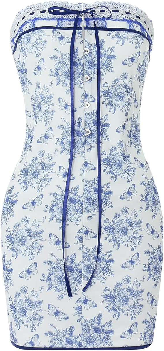 Blaues Blumenkorsett, trägerloses Mini-Heimkehrkleid mit Blumen und Schmetterlingen, Y2664