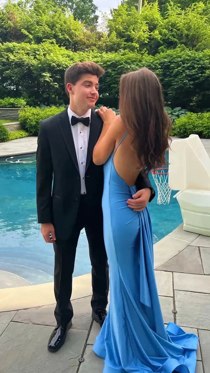 Vestido de fiesta de sirena azul, vestido de noche Y4622