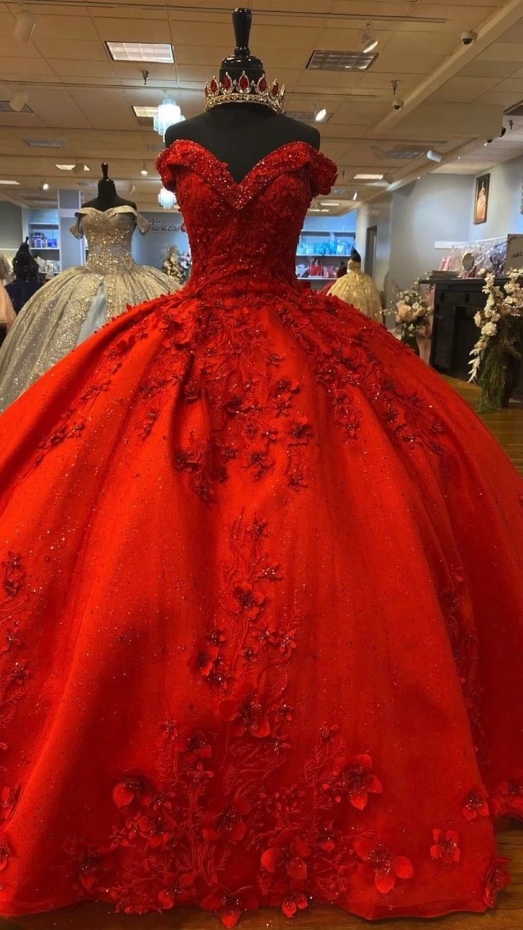Luxuriöses rotes 3D-Blumen-Ballkleid, süßes 16-Kleid, Quinceanera-Kleid Y5321