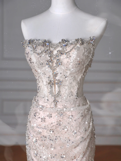 Glitzerndes trägerloses Tüll-Pailletten-Meerjungfrauen-Ballkleid, langes Abendkleid Y8616