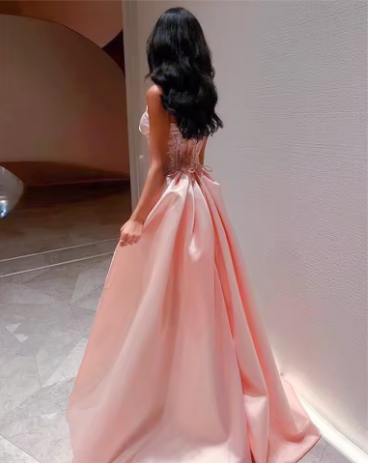 Vestido de noche formal de Dubái con lentejuelas brillantes, corsé saudí sin tirantes de satén rosa bebé, vestido de fiesta Y4887