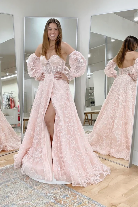 Vestido de fiesta largo con lentejuelas y encaje rosa, vestido de noche rosa Y245