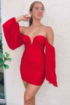 Rotes, figurbetontes, kurzes Partykleid mit Puffärmeln, rotes Homecoming-Kleid Y2883