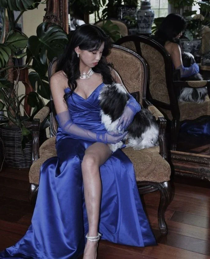 Elegantes blaues Satin langes Abendkleid, Festzugskleid Y2621