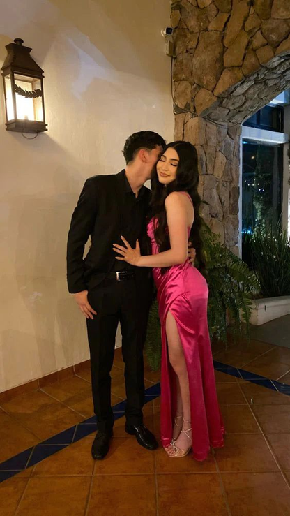 Vestido de fiesta largo con cuentas y corte sirena de satén con abertura para cumpleaños Y7718
