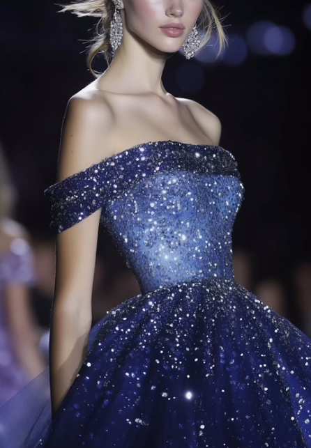 Ombre Blau Satin Pailletten Ballkleid, Off The Shoulder A-Linie Ballkleid Abendkleid Y8337