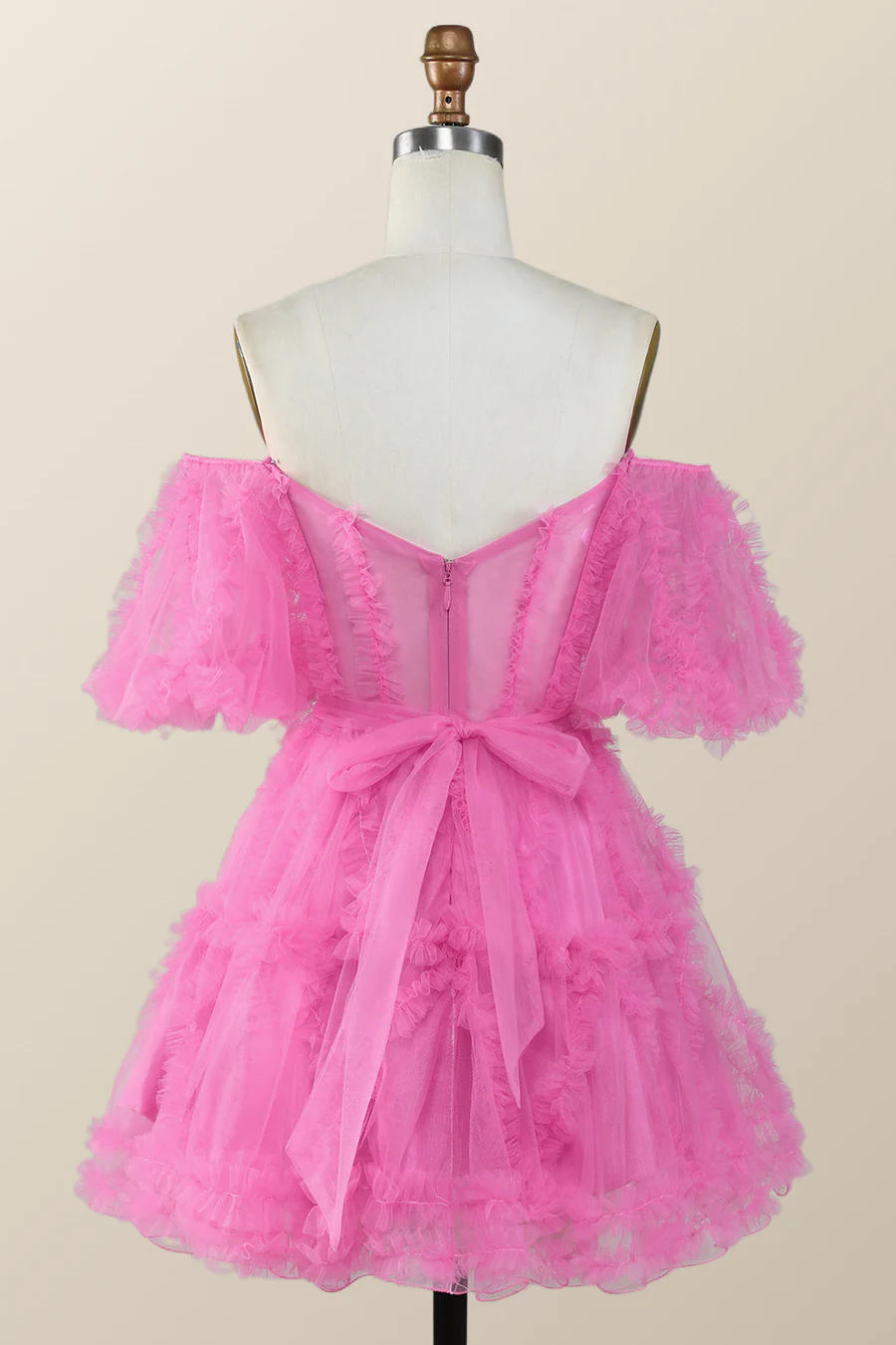 Schulterfreies, pinkes, kurzes A-Linien-Heimkehrkleid mit Rüschen Y2783