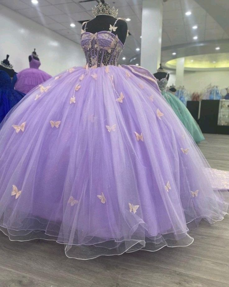 Glamoroso vestido de princesa de tul morado con mariposas, vestido de fiesta, vestido de quinceañera Y5463