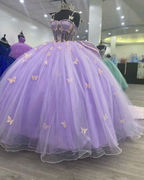 Glamoroso vestido de princesa de tul morado con mariposas, vestido de fiesta, vestido de quinceañera Y5463