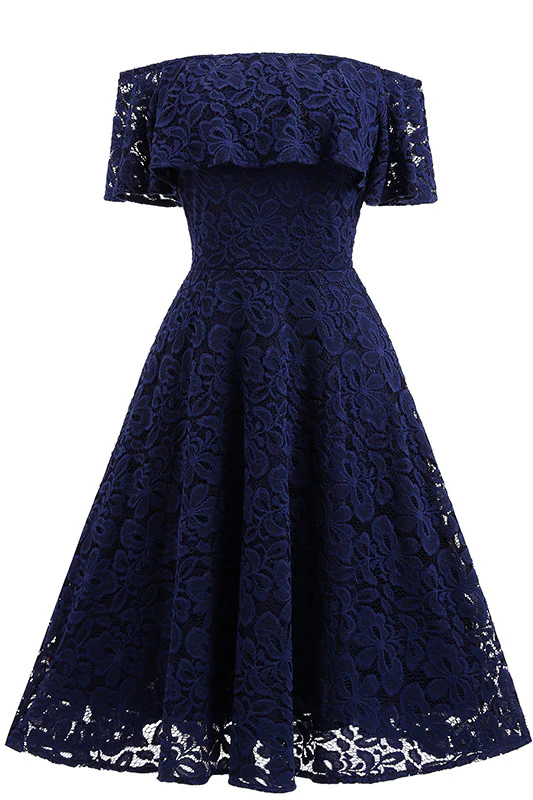 Vestido de fiesta azul marino oscuro con encaje y corte A Y1160