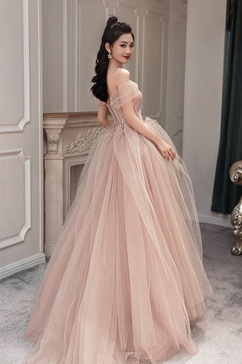 Rosa Tüll Langes Ballkleid Rosa Abendkleid Y1825