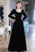Vestido de noche negro, vestido de noche de manga larga de terciopelo de alta calidad, hecho a medida Y2934