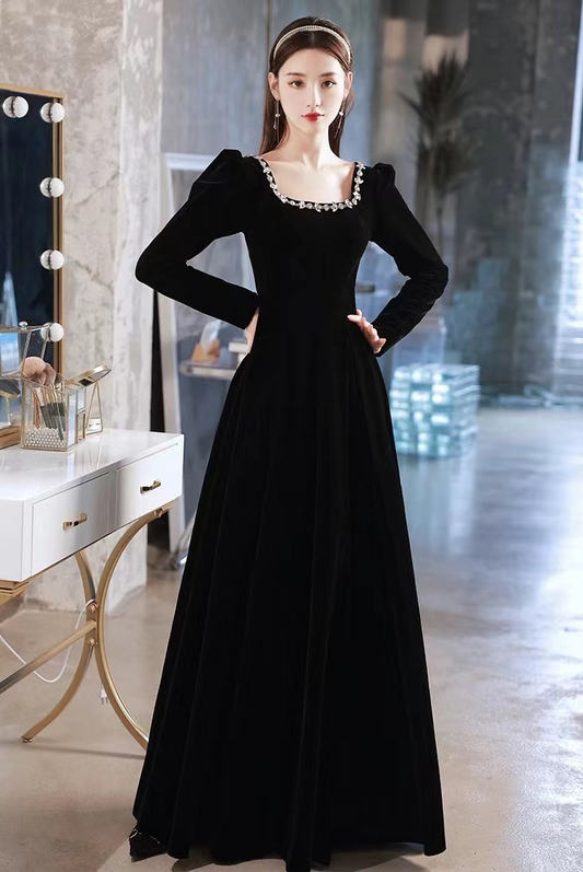 Schwarzes Abendkleid, High Sense Samt Langarm Abendkleid, maßgeschneiderte Y2934