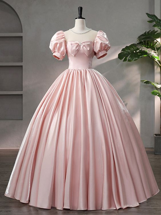 Hermoso vestido de fiesta de satén rosa con escote redondo, largo hasta el suelo, corte A, manga corta y lazo Y6082