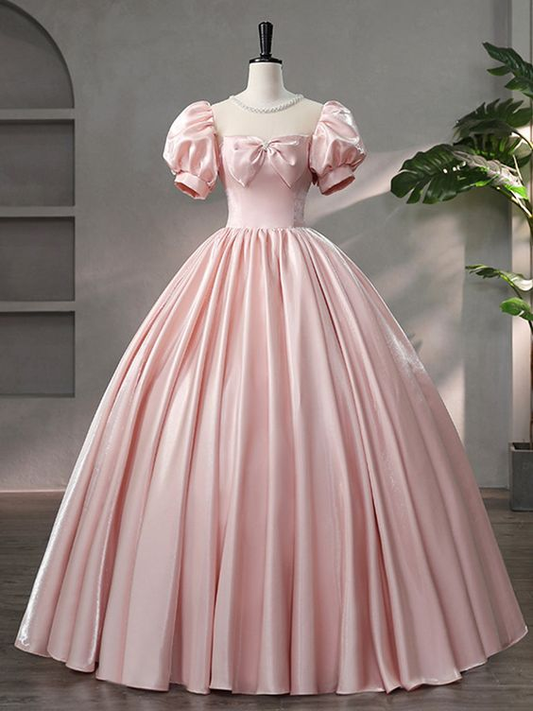 Wunderschönes rosa Satin-Ballkleid mit U-Ausschnitt und bodenlanger A-Linie, kurzärmelig, mit Schleife, Y6082