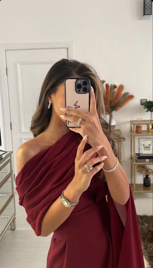 Vestido de fiesta largo de satén burdeos, elegante vestido de noche Y409