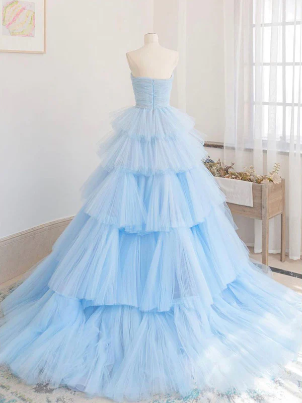 Vestido largo de fiesta de tul azul de invierno, vestido de noche de tul azul en capas Y393
