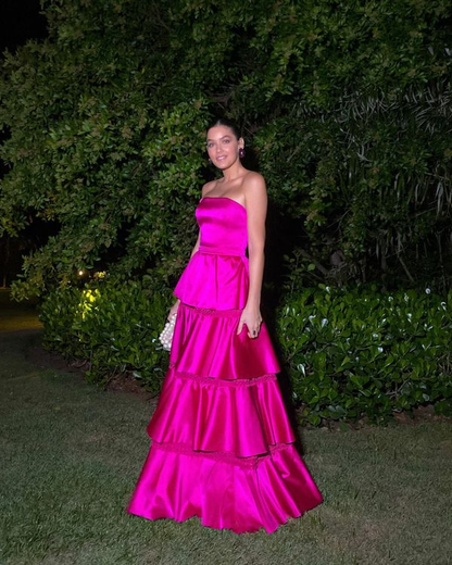 Hermoso vestido de fiesta de satén sin tirantes, con capas, de satén rosa intenso, corte A, vestido de noche Y8003