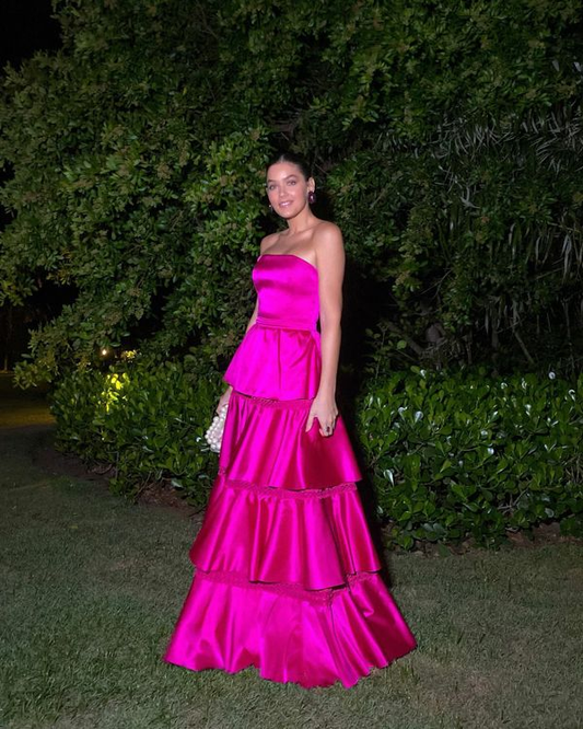 Hermoso vestido de fiesta de satén sin tirantes, con capas, de satén rosa intenso, corte A, vestido de noche Y8003
