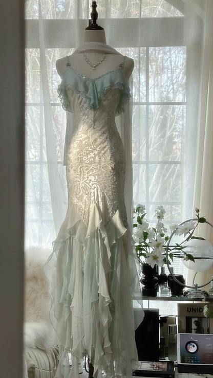 Vestido de noche elegante de gasa con cuentas y tirantes finos, estilo sirena, color verde menta, vestido formal de fiesta Y8546