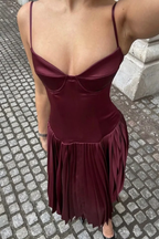 Vintage A-Linie Träger Burgund Satin Langes Ballkleid Abendkleid Y7994
