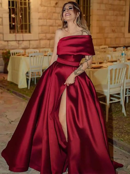 Vestido de noche de satén con volantes, corte princesa, un hombro, sin mangas, cola larga Y5537