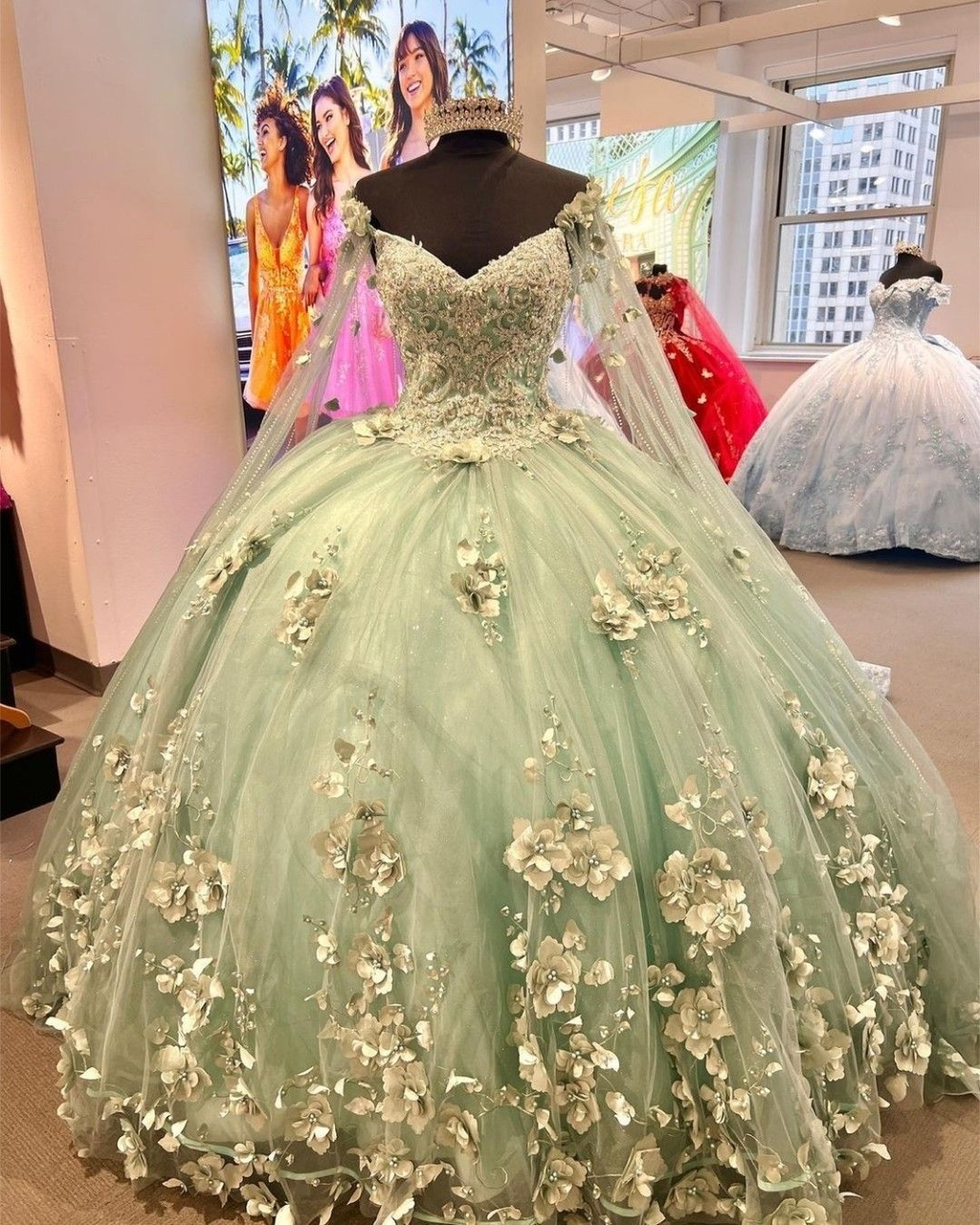 Vestido de tul verde menta con flores 3D, vestido de quinceañera, vestido de princesa, vestido de quinceañera Y2252