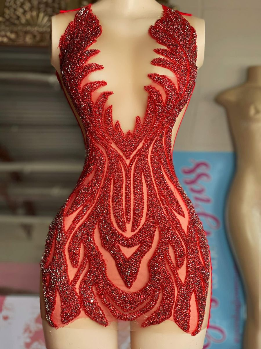 Durchsichtiges, luxuriöses, kurzes, rotes Mini-Heimkehrkleid für afrikanische schwarze Mädchen, Y4424