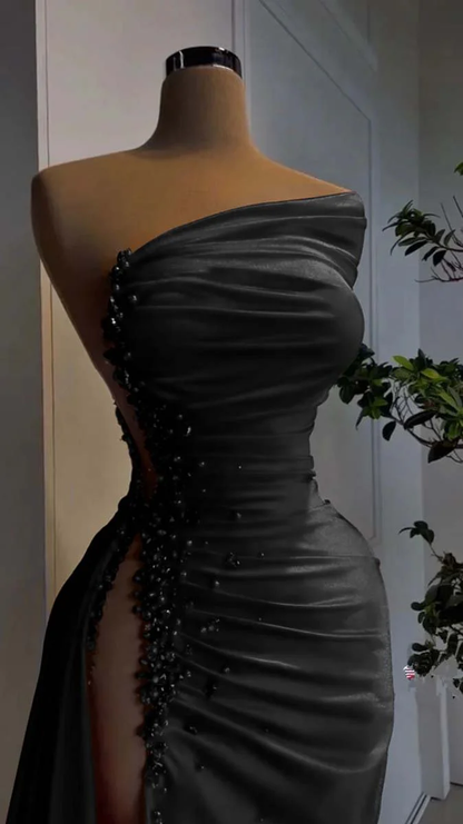 Vestido de noche rojo de satén plisado con escote asimétrico y abertura alta, vestido formal encantador Y379