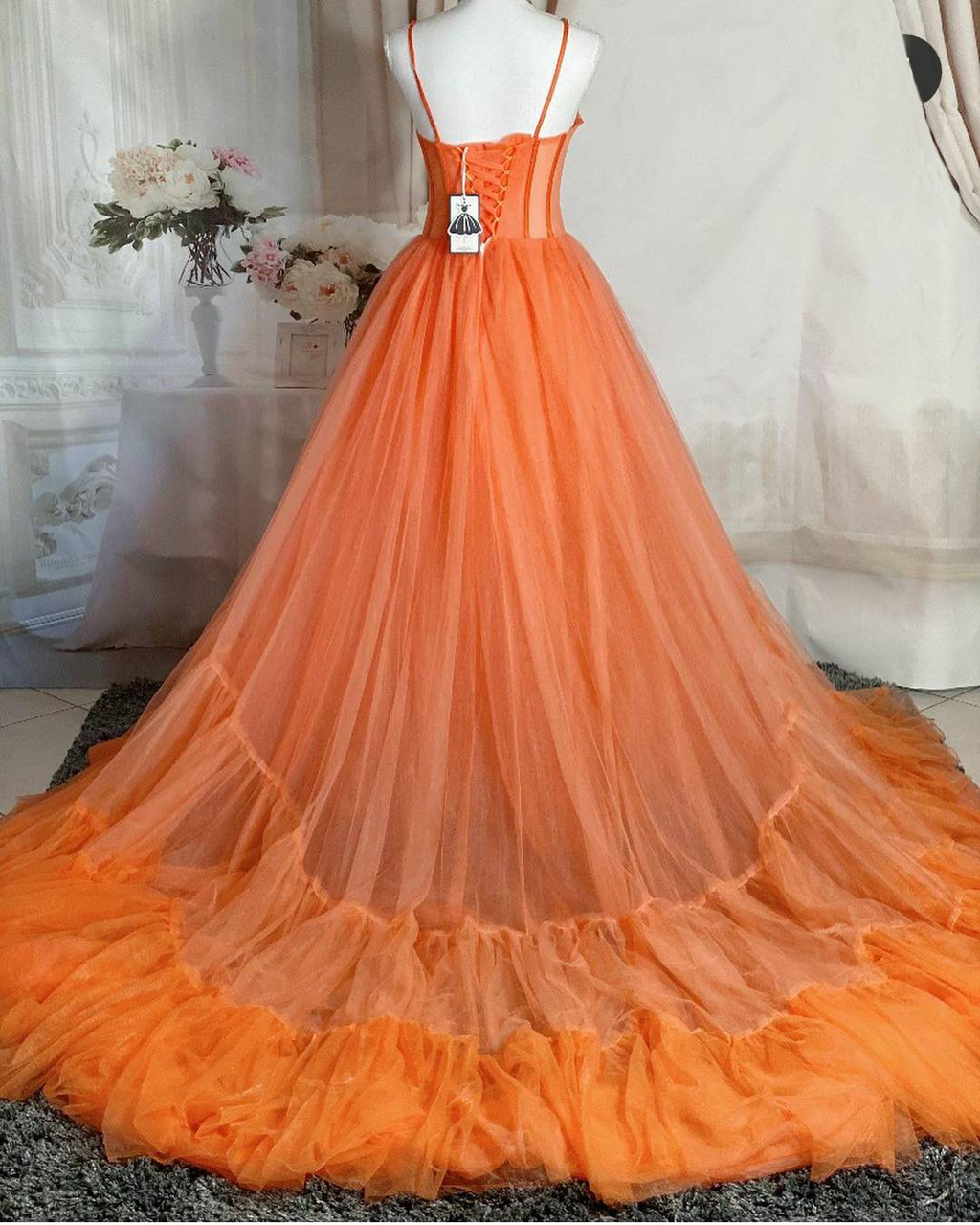 Vestido de noche de tul naranja con tirantes finos, vestido de fiesta sexy Y1243