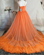 Vestido de noche de tul naranja con tirantes finos, vestido de fiesta sexy Y1243