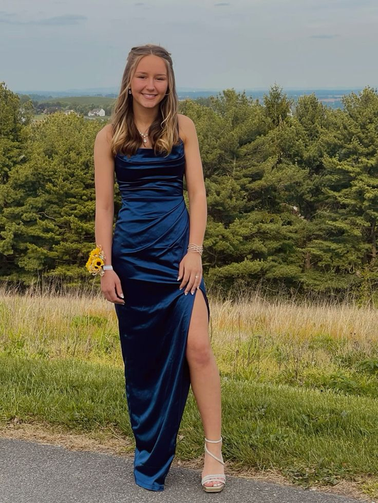 Einfache Spaghettiträger Marineblau Satin Plissee Schlitz Langes Ballkleid Abendkleid Y7988