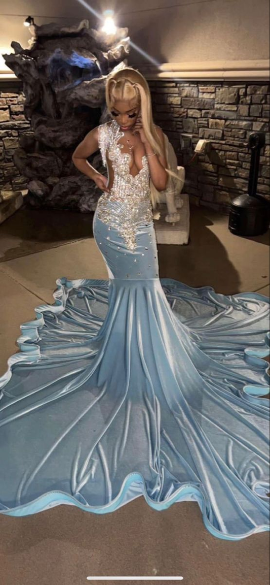 Vestido de fiesta africano de sirena azul bebé, vestido de noche Y6566