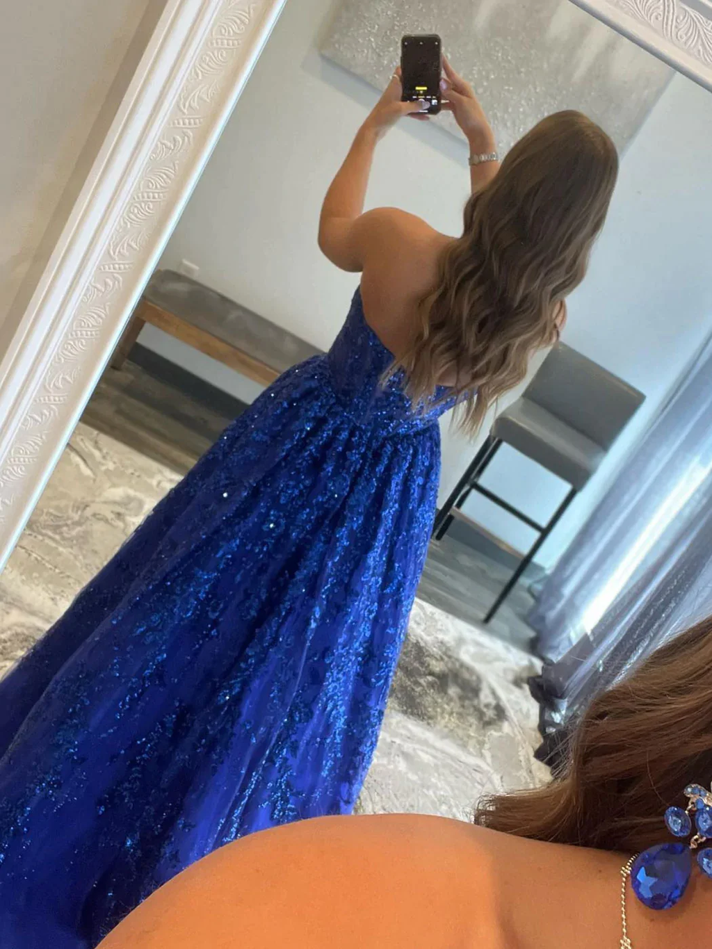 Blaues langes Ballkleid aus Tüll mit Pailletten in A-Linie, blaues Abendkleid aus Tüll Y3065
