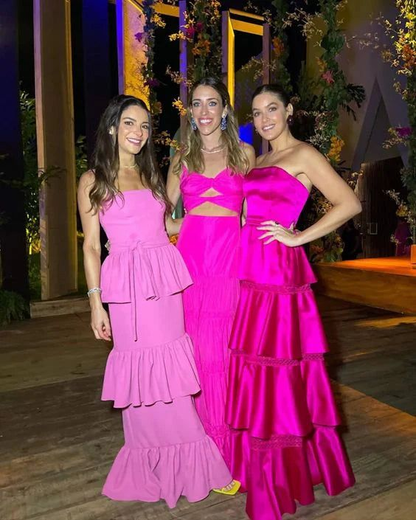 Hermoso vestido de fiesta de satén sin tirantes, con capas, de satén rosa intenso, corte A, vestido de noche Y8003