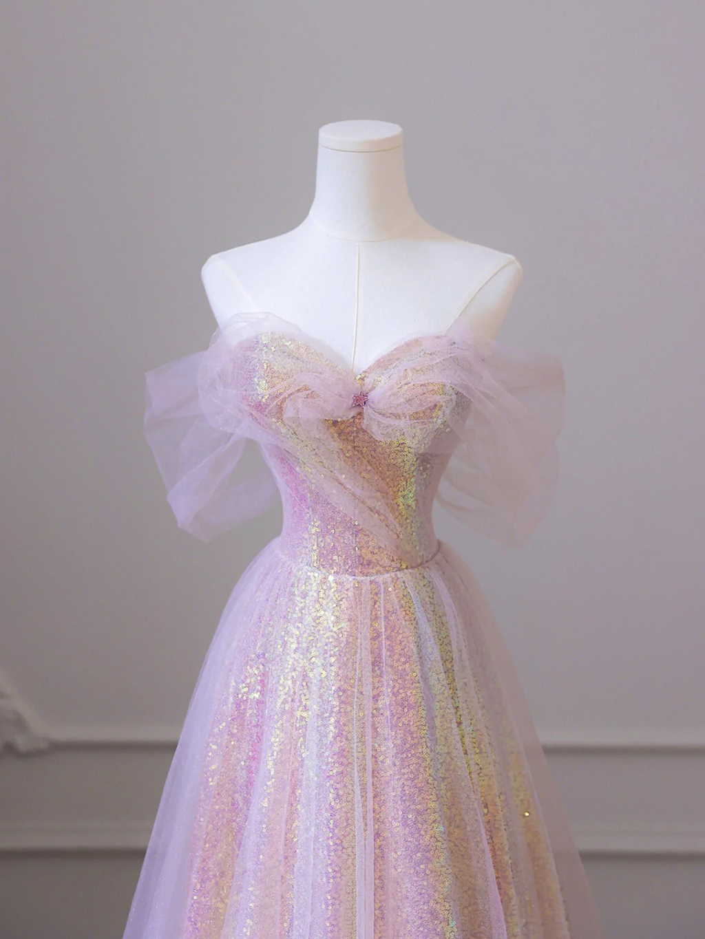 Vestido de fiesta largo de tul brillante con lentejuelas, corte A, hombros descubiertos, Y1416